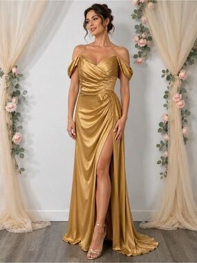 NWT Wear Your Love Gold Satin Off Shoulder Slit Formal Gown